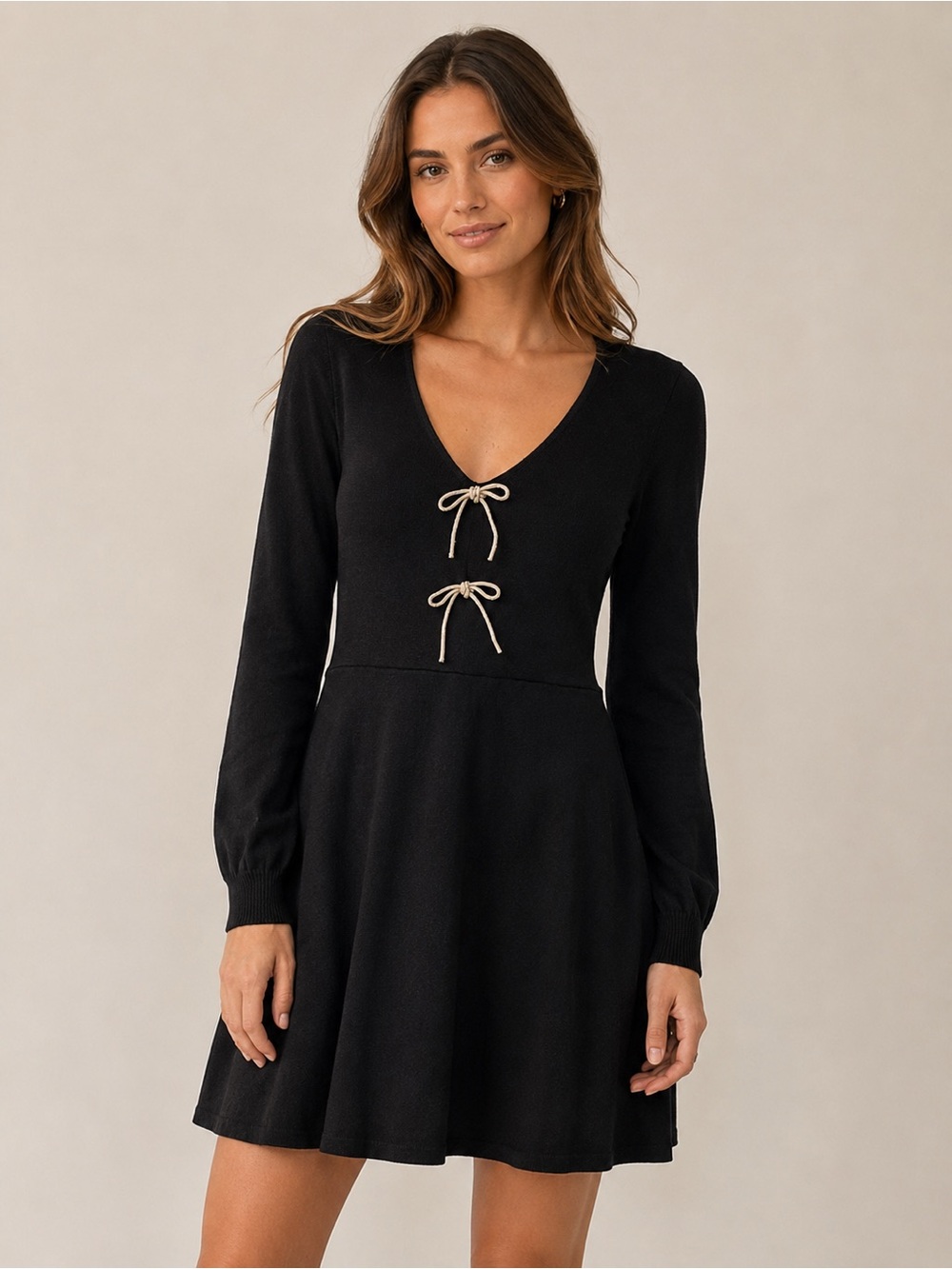 Midnight Doll Black Long-Sleeve Knit Dress with Sparkly Bow Detail, NWT, size M